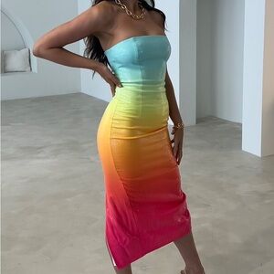 Blue and Yellow Strapless Bodycon Midi Dress - needs repairs